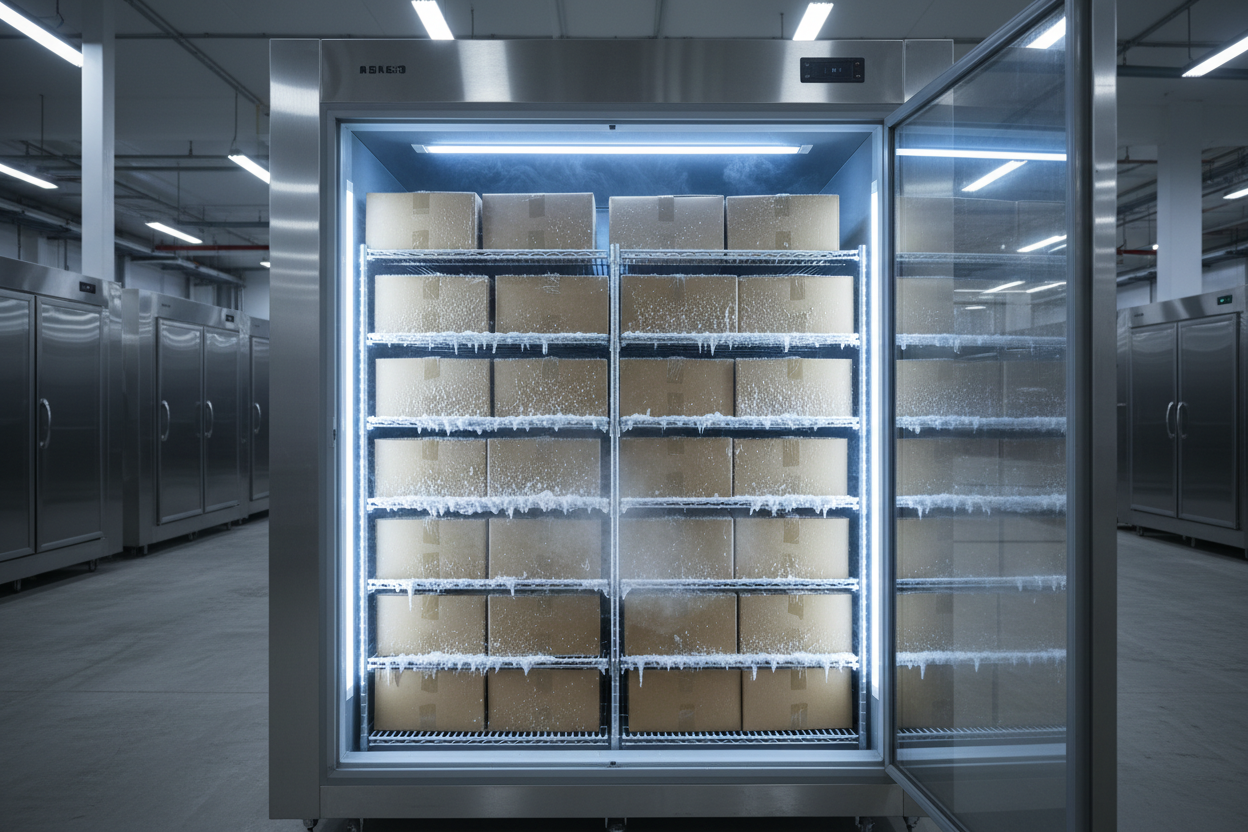 Industrial freezer with boxes with fish inside